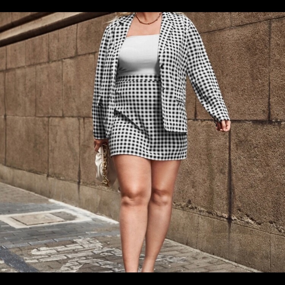 Two-piece black and white checkered skirt set..